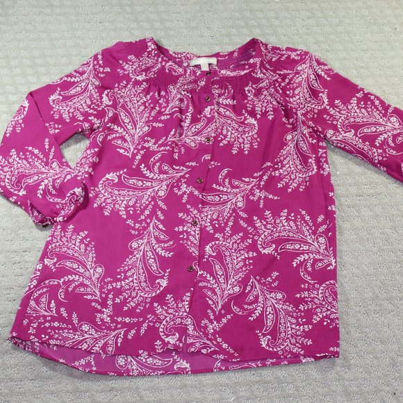 Banana Republic Size Small Fuchsia and White Flowy Long Sleeve Blouse - Picture 1 of 6